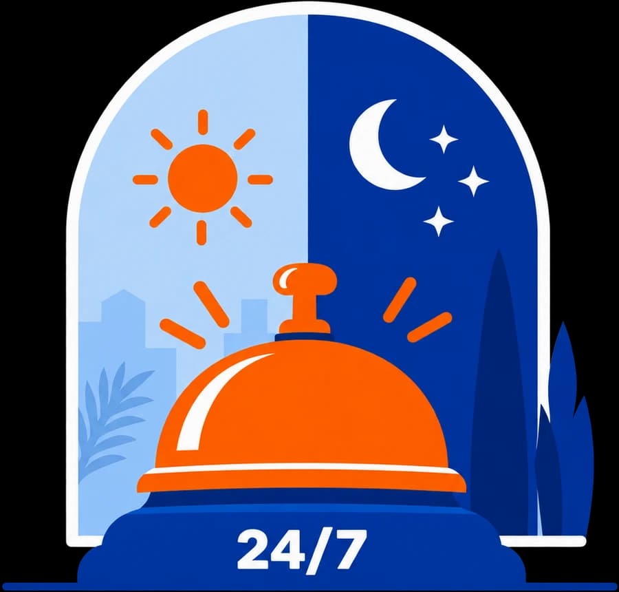 A concierge bell under a sky that's half day, half night: always on duty, 24/7
