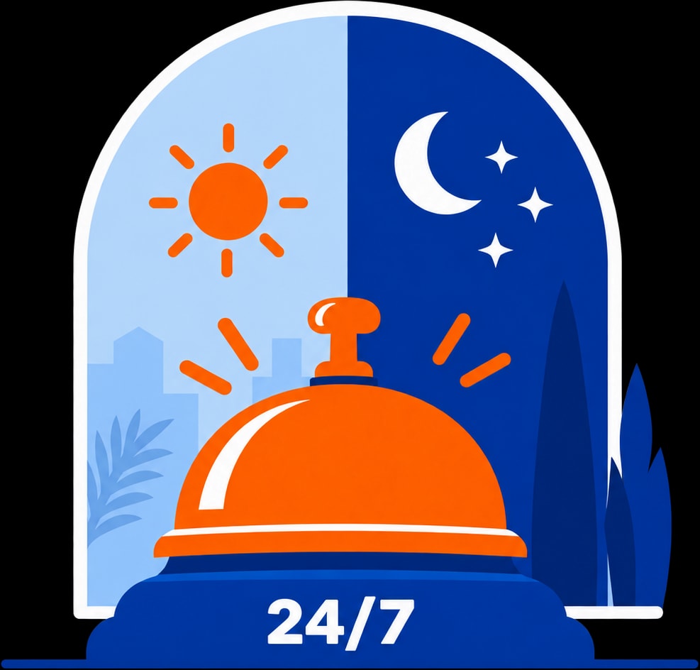 A concierge bell under a sky that's half day, half night: always on duty, 24/7