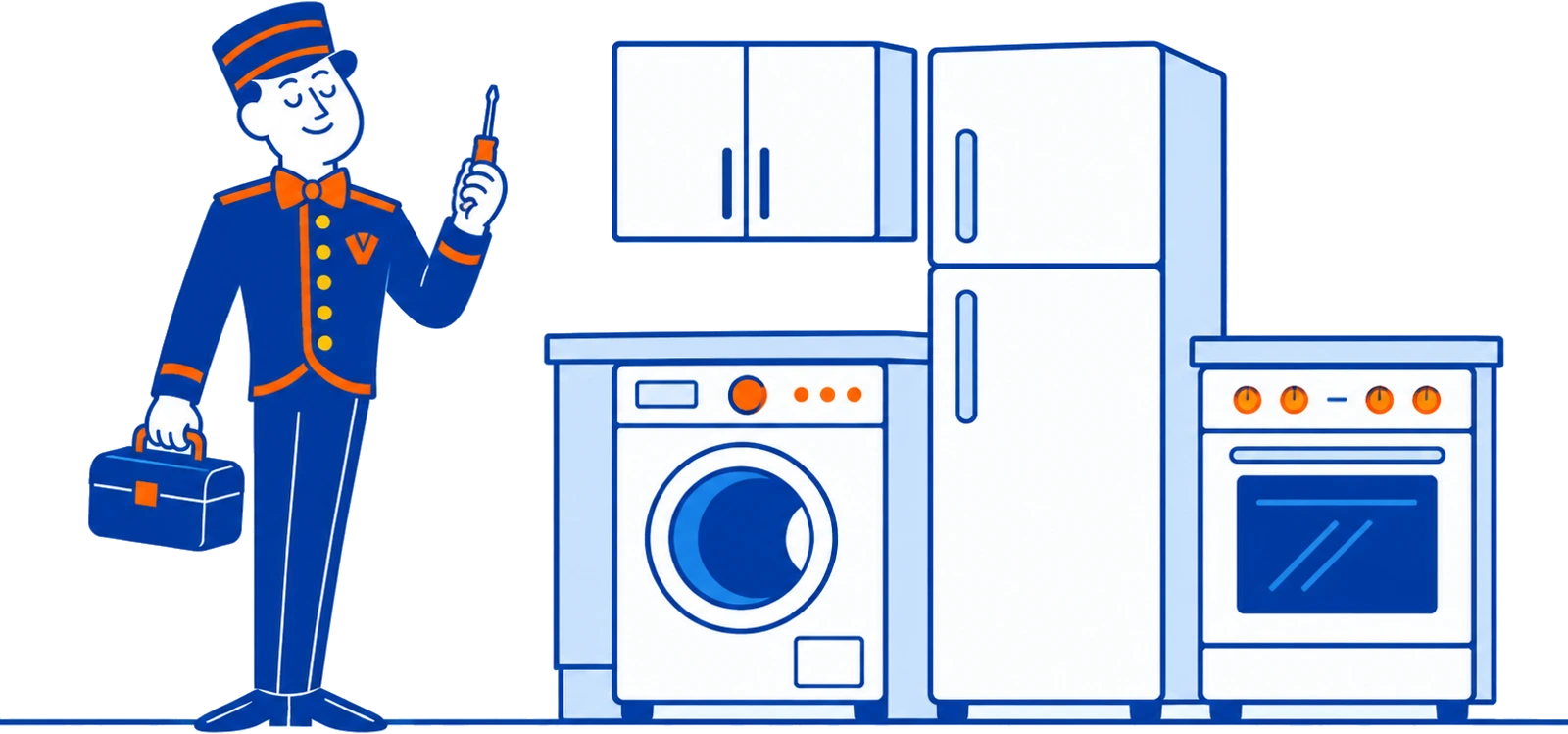 The VoiceValet valet holding a screwdriver and toolbox beside a washer, fridge and stove