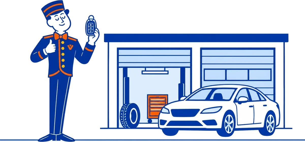 The VoiceValet valet holding car keys beside an auto repair shop