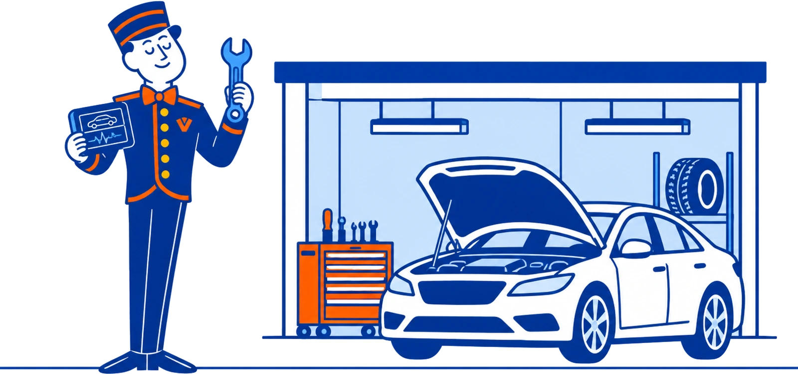 The VoiceValet valet holding car keys beside an auto repair shop