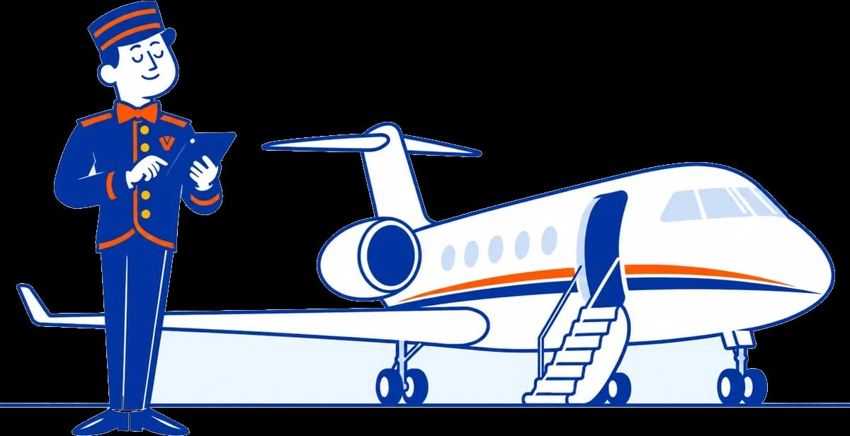 The VoiceValet valet with a tablet beside a private jet