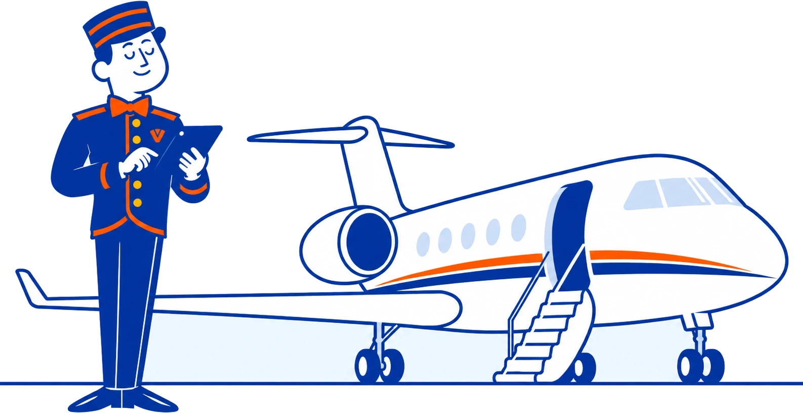 The VoiceValet valet with a tablet beside a private jet