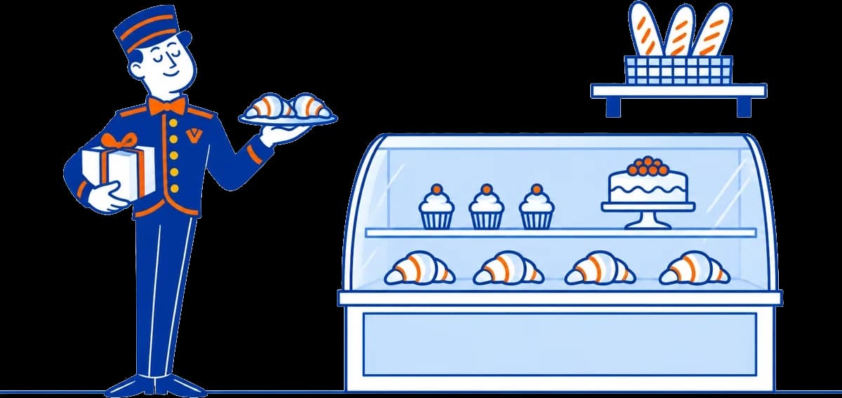 The VoiceValet valet holding a tray of croissants beside a bakery display case