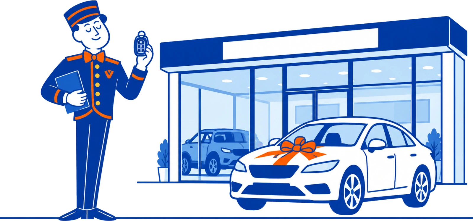The VoiceValet valet holding a key fob beside a dealership showroom and a new car with a bow