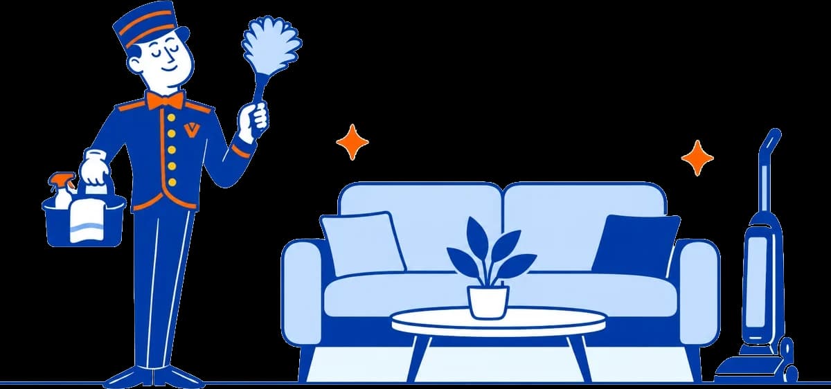 The VoiceValet valet holding a feather duster and cleaning caddy beside a sofa and vacuum