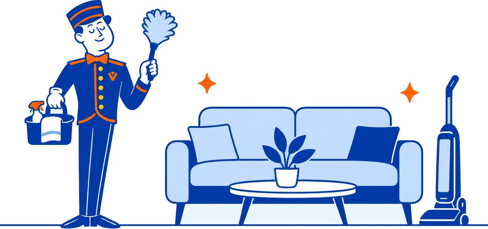The VoiceValet valet holding a feather duster and cleaning caddy beside a sofa and vacuum