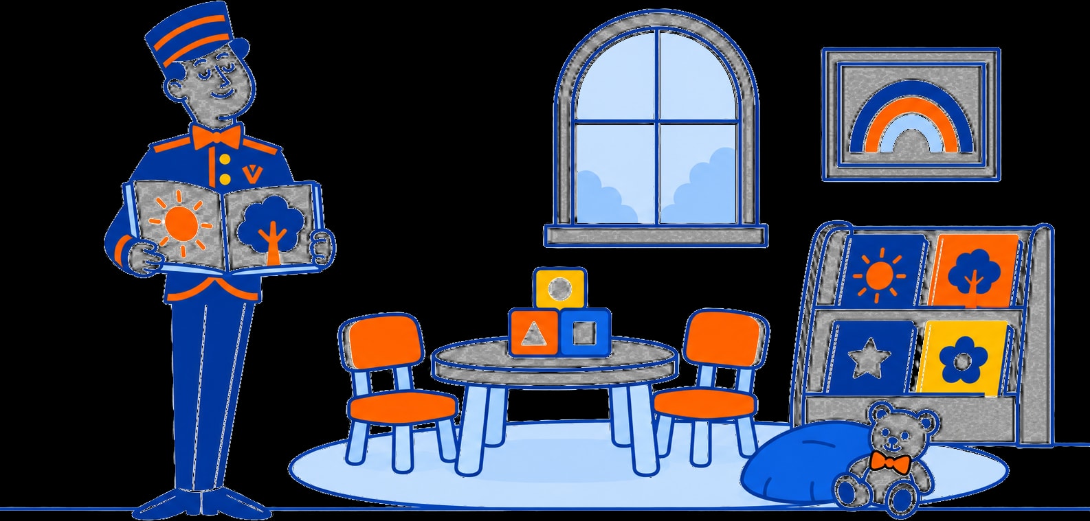 The VoiceValet valet reading a picture book in a preschool classroom with small chairs, blocks and a teddy bear