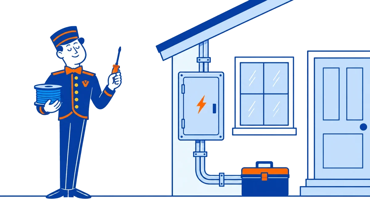 The VoiceValet valet holding a spool of wire and a screwdriver beside an electrical panel