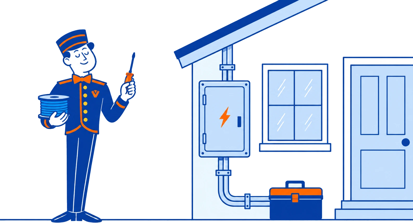 The VoiceValet valet holding a spool of wire and a screwdriver beside an electrical panel