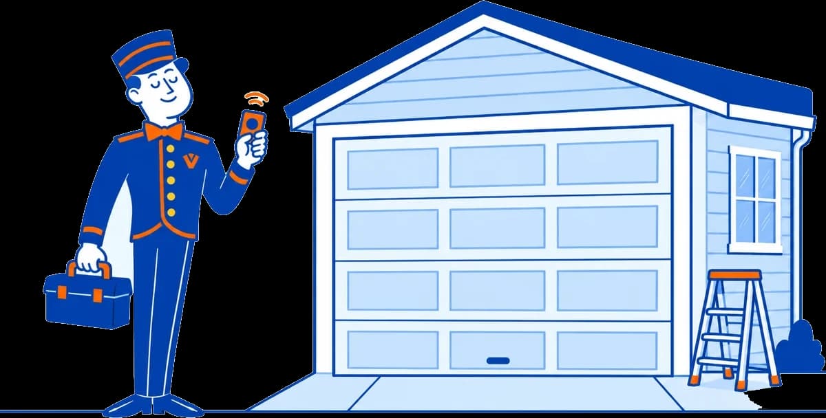 The VoiceValet valet holding a garage door remote and a toolbox beside a garage