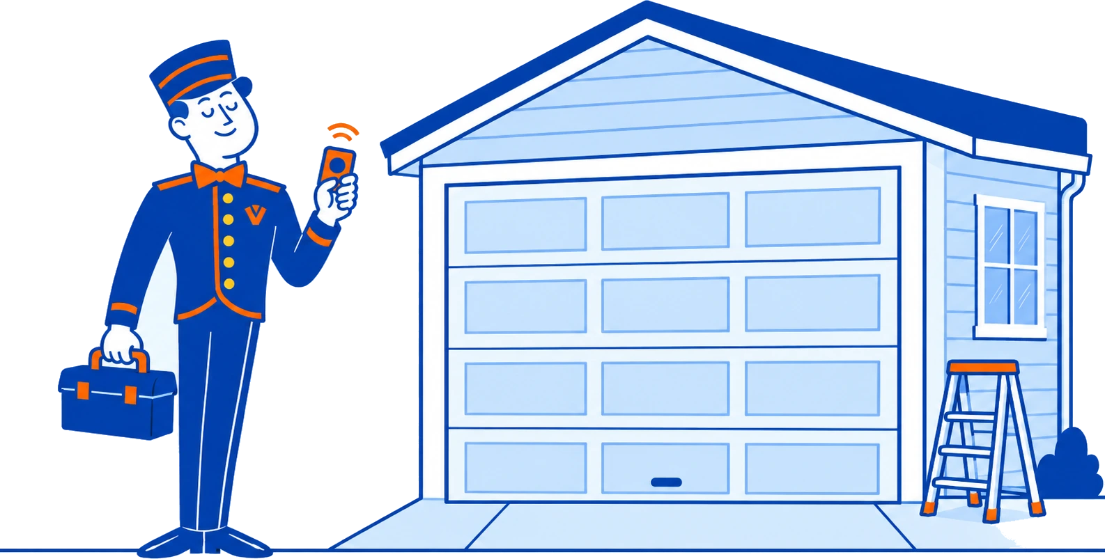The VoiceValet valet holding a garage door remote and a toolbox beside a garage