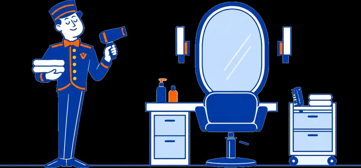 The VoiceValet valet holding towels and a hair dryer beside a salon chair and mirror