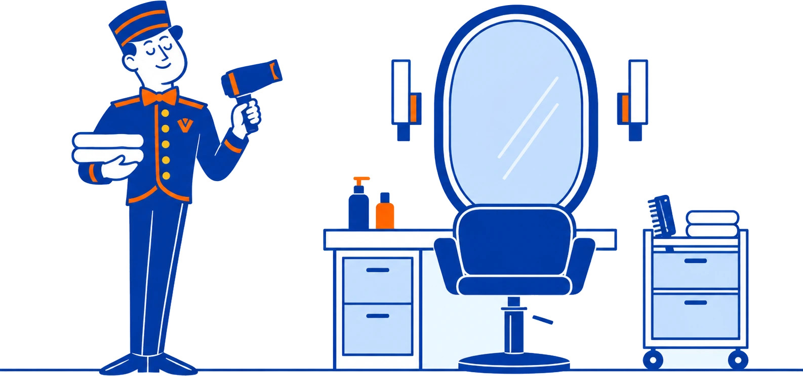 The VoiceValet valet holding towels and a hair dryer beside a salon chair and mirror