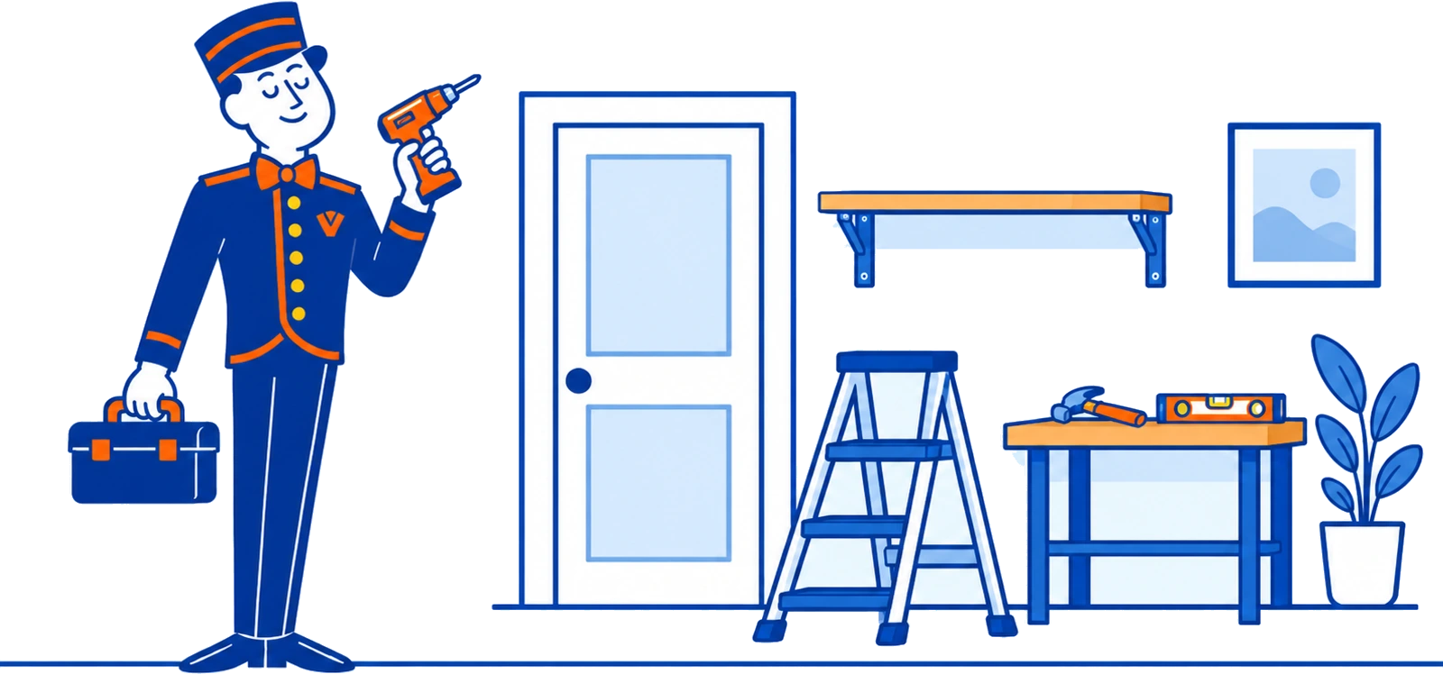 The VoiceValet valet holding a drill and toolbox beside a door, step ladder and workbench