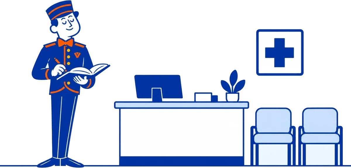 The VoiceValet valet writing in an appointment book beside a clinic front desk and waiting room