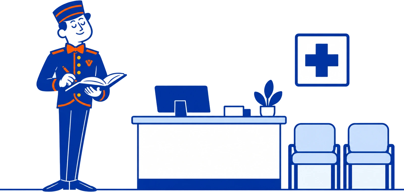 The VoiceValet valet writing in an appointment book beside a clinic front desk and waiting room