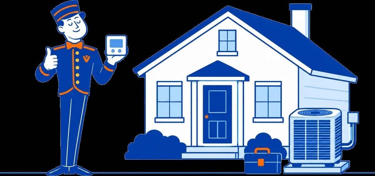 The VoiceValet valet holding a thermostat beside a house with an air conditioning unit