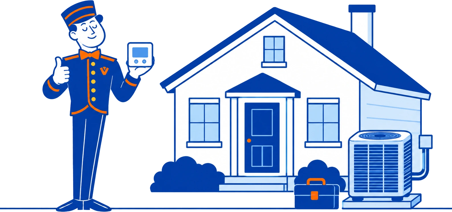 The VoiceValet valet holding a thermostat beside a house with an air conditioning unit