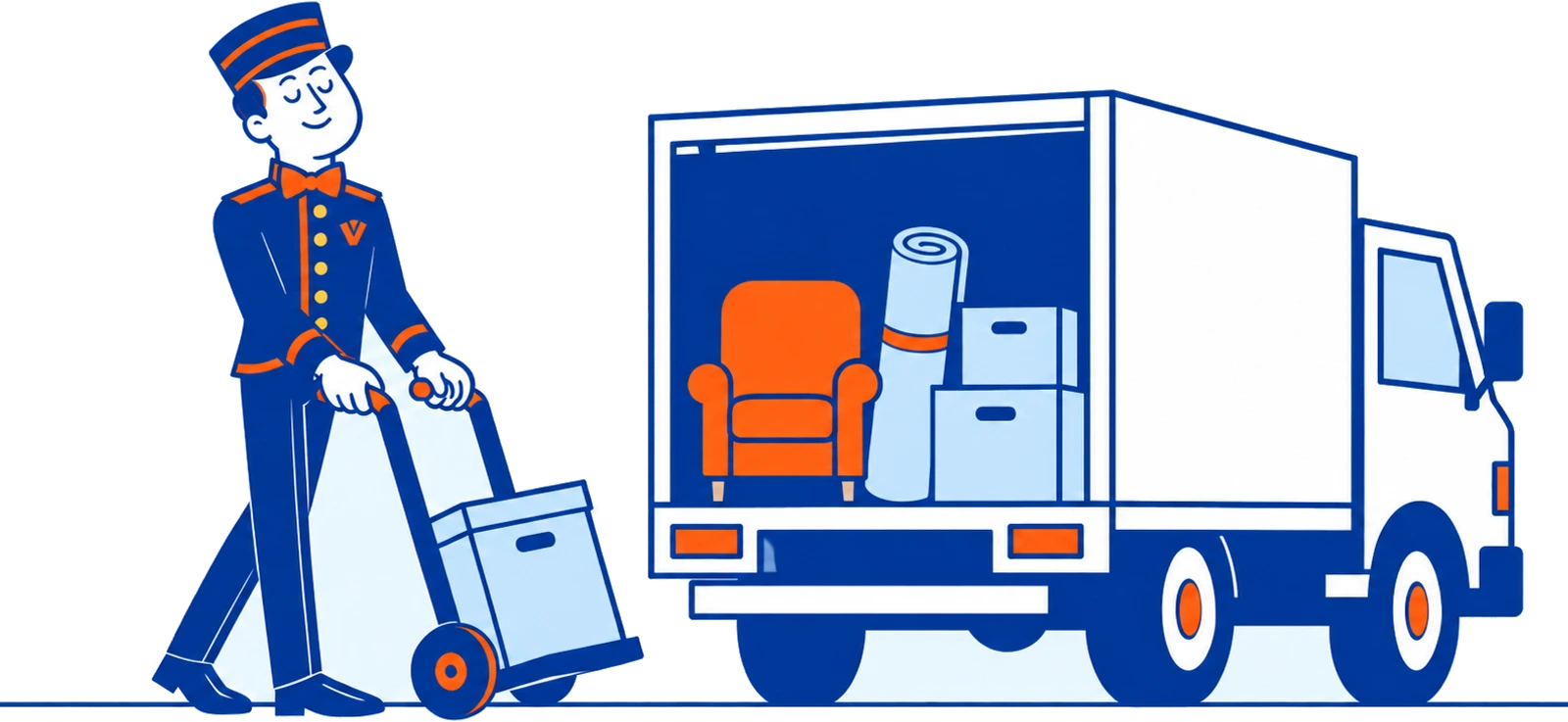 The VoiceValet valet wheeling a box to a junk removal truck