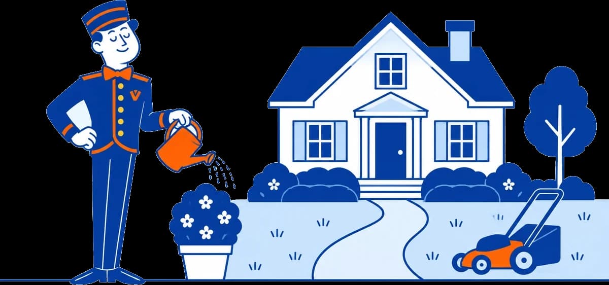 The VoiceValet valet watering a planter beside a house with a lawn and a mower
