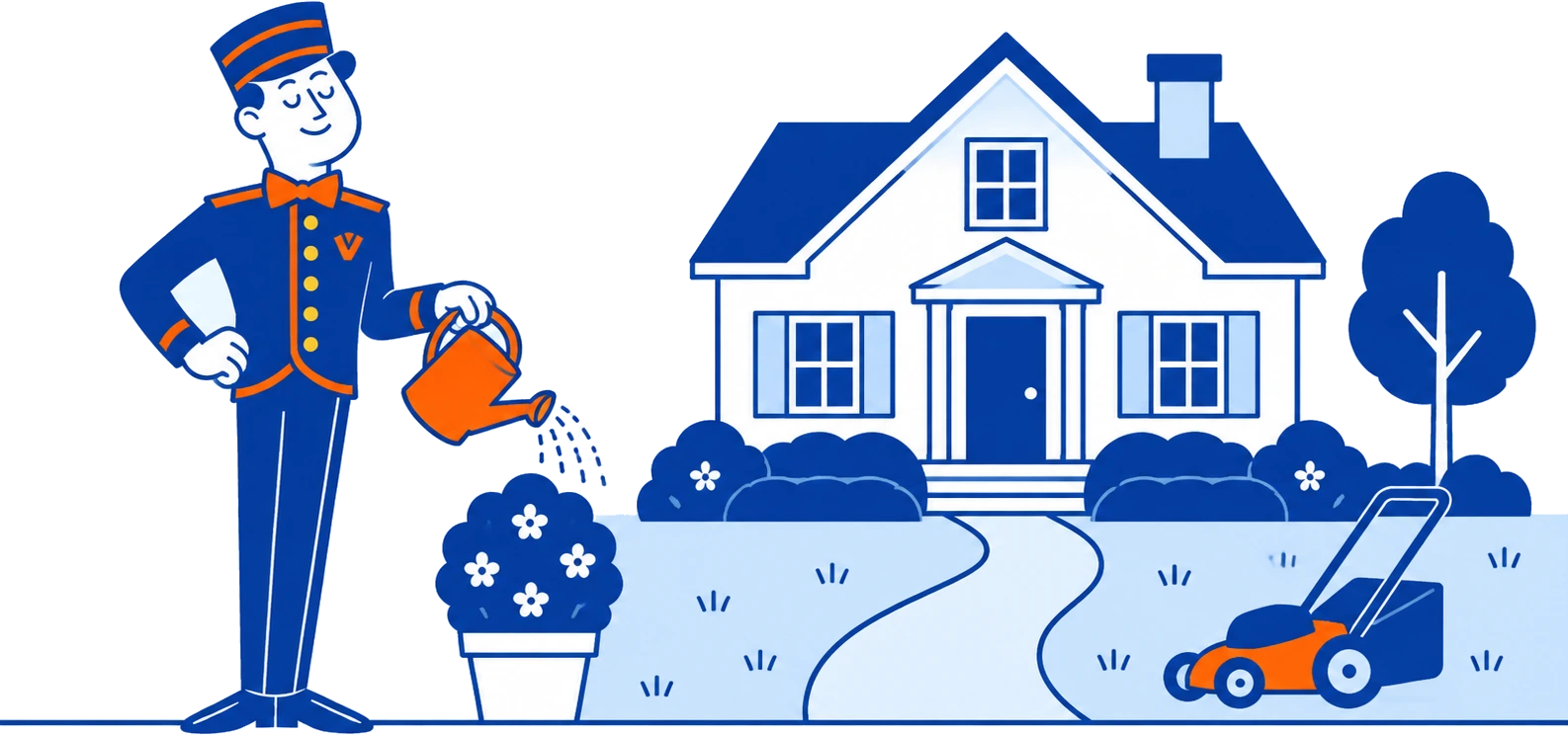The VoiceValet valet watering a planter beside a house with a lawn and a mower