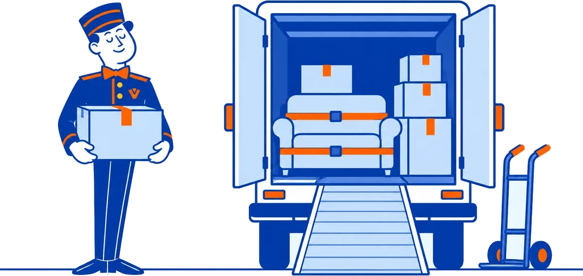 The VoiceValet valet carrying a box beside an open moving truck and a hand truck
