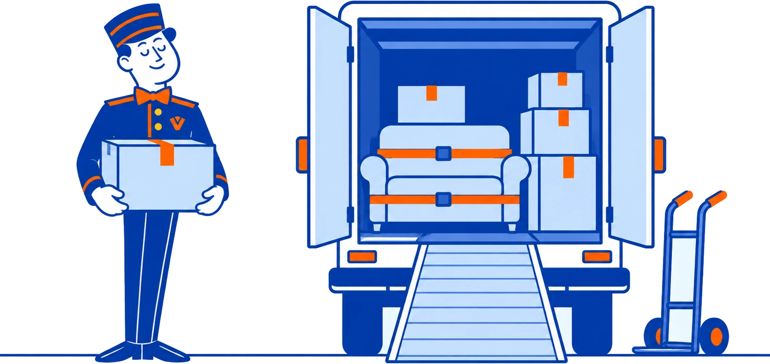 The VoiceValet valet carrying a box beside an open moving truck and a hand truck