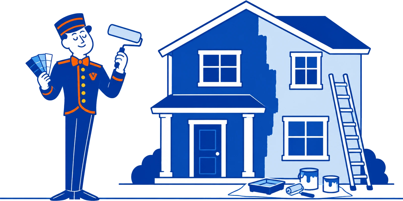 The VoiceValet valet holding paint swatches and a roller beside a half-painted house