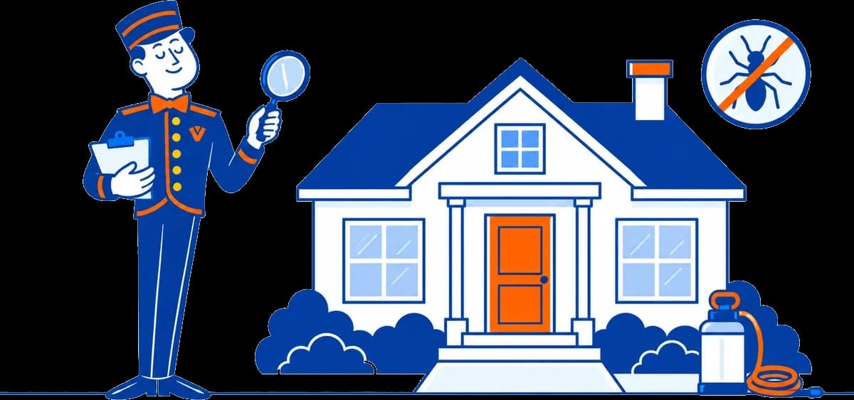 The VoiceValet valet holding a magnifying glass and clipboard beside a house and a sprayer