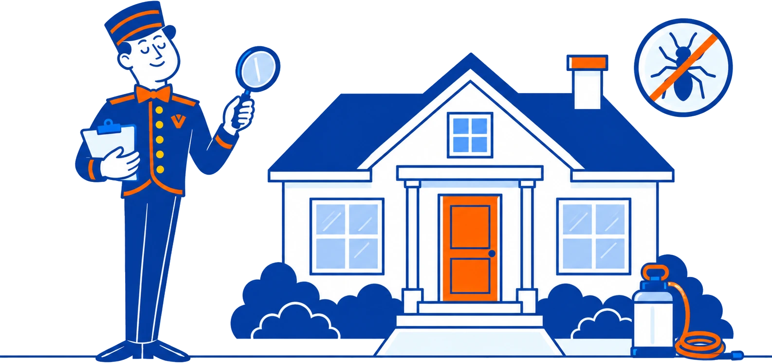 The VoiceValet valet holding a magnifying glass and clipboard beside a house and a sprayer
