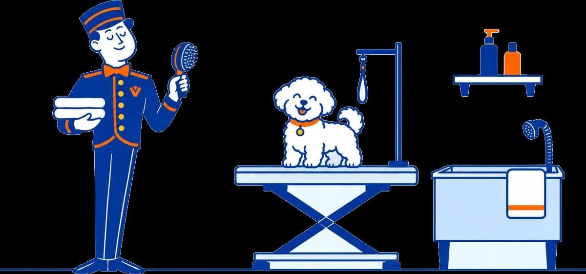The VoiceValet valet holding a brush and towels beside a happy dog on a grooming table