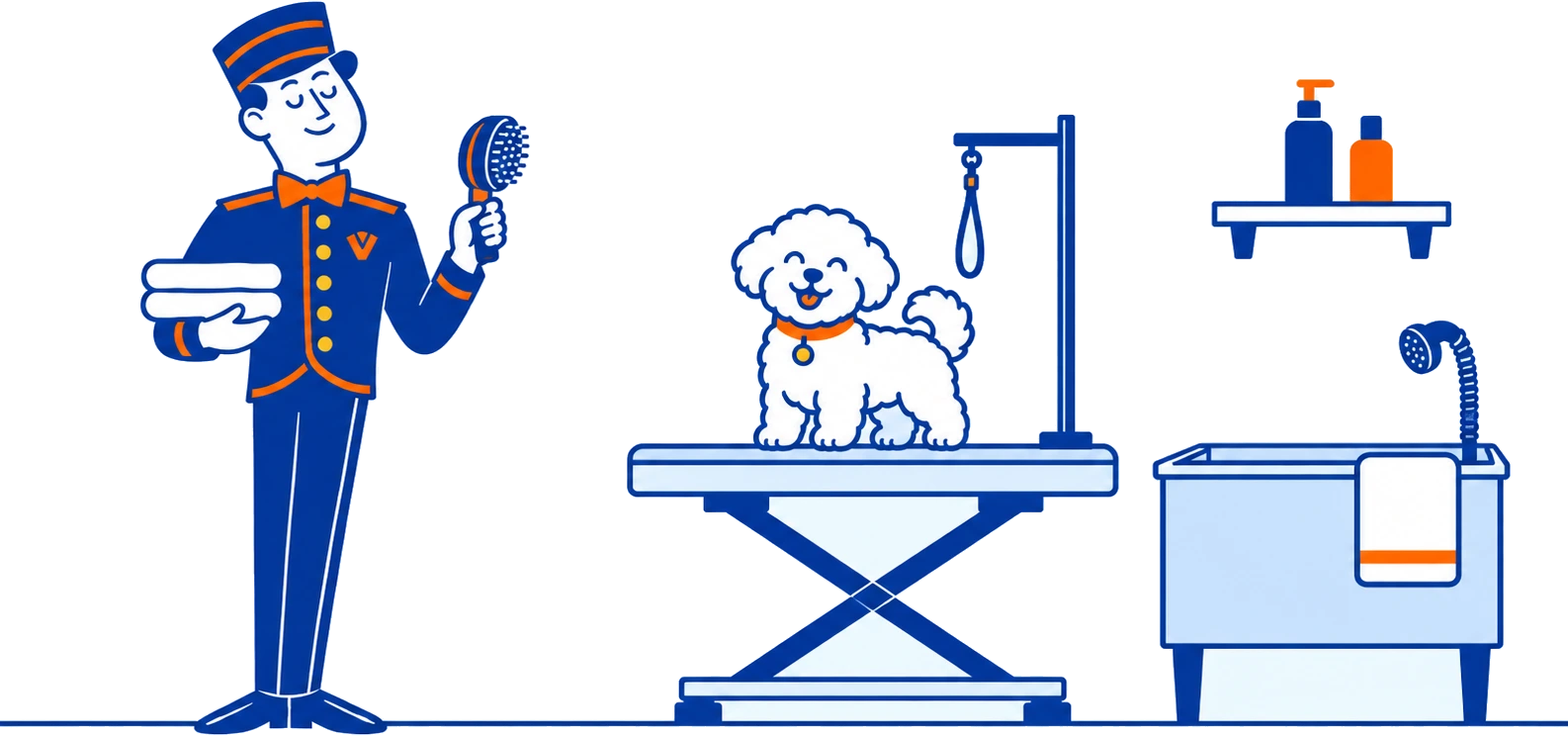 The VoiceValet valet holding a brush and towels beside a happy dog on a grooming table