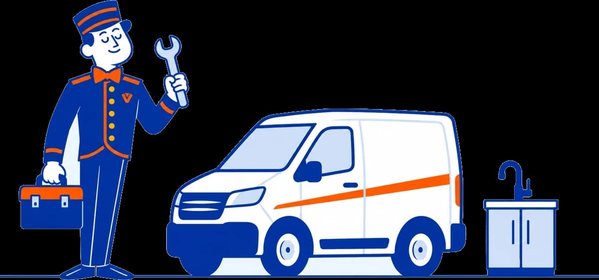 The VoiceValet valet with a toolbox and wrench beside a service van