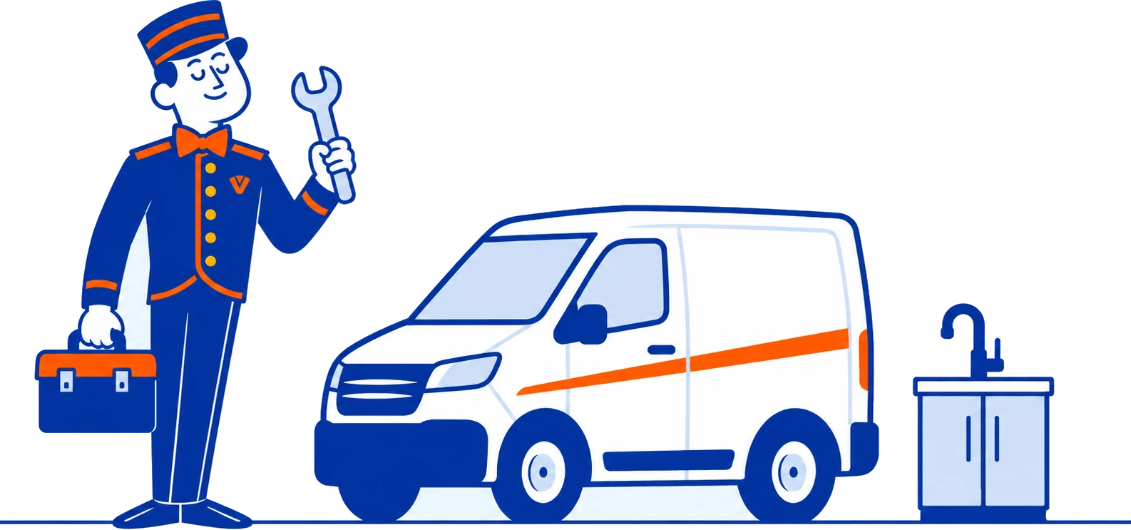 The VoiceValet valet with a toolbox and wrench beside a service van