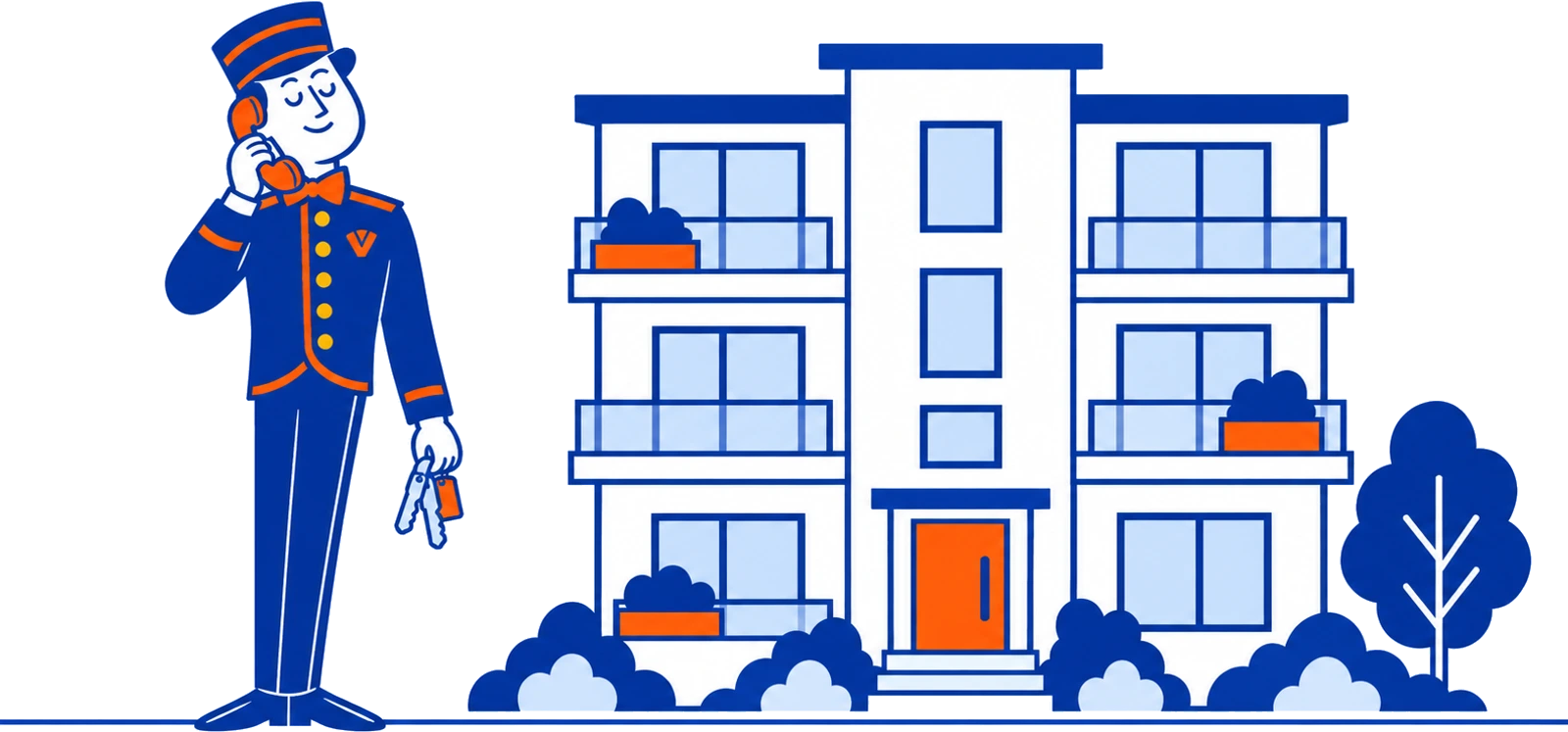 The VoiceValet valet on the phone holding keys beside an apartment building