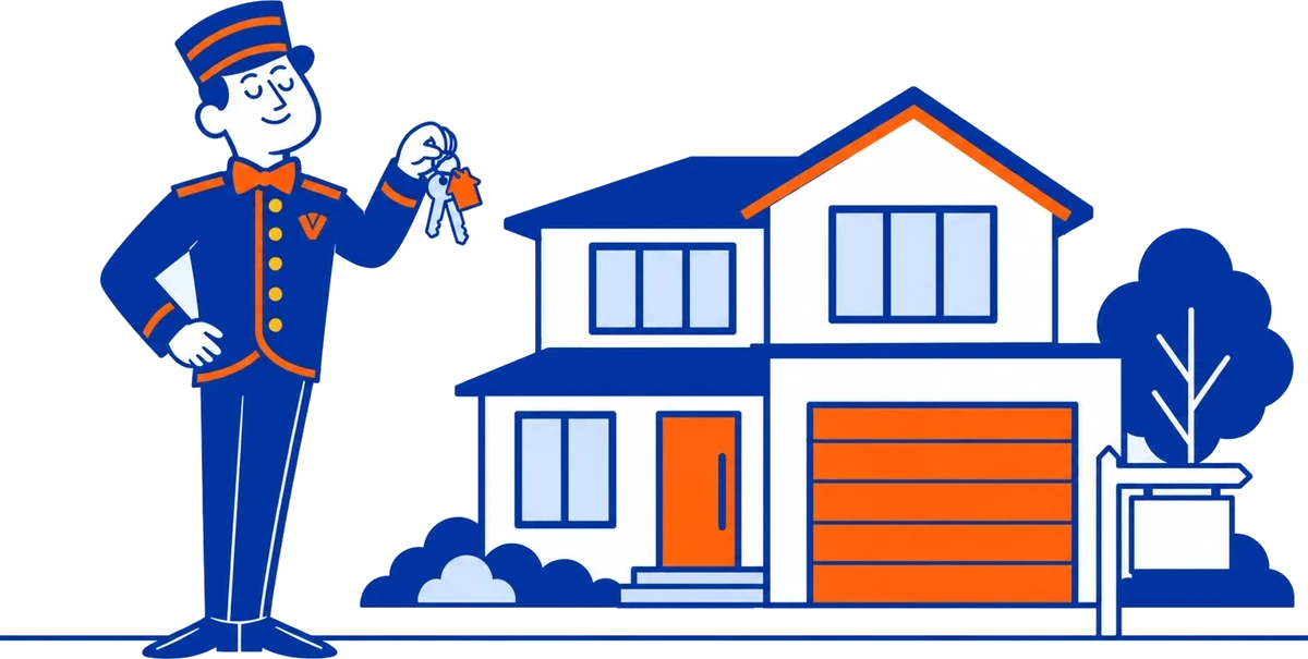 The VoiceValet valet holding house keys in front of a home for sale