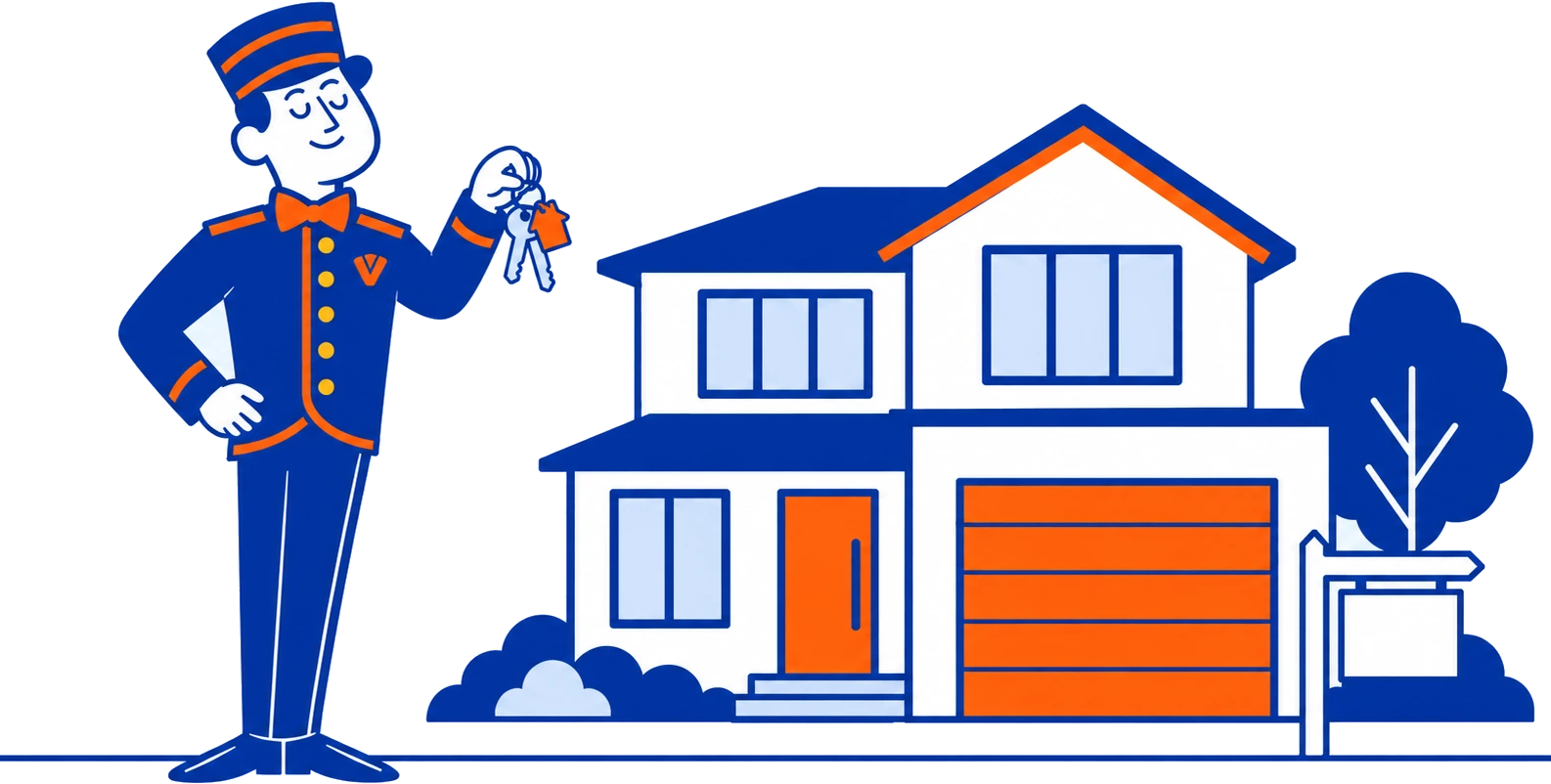 The VoiceValet valet holding house keys in front of a home for sale