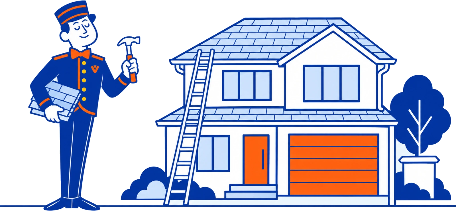 The VoiceValet valet holding shingles and a hammer beside a house with a ladder