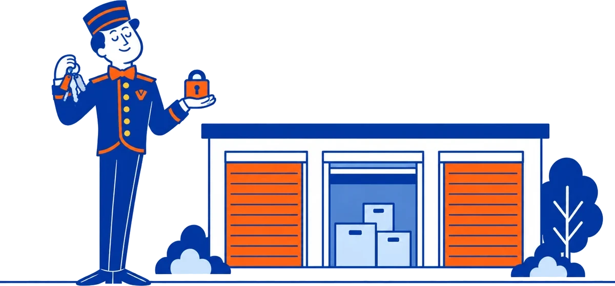 The VoiceValet valet holding keys and a padlock beside storage units