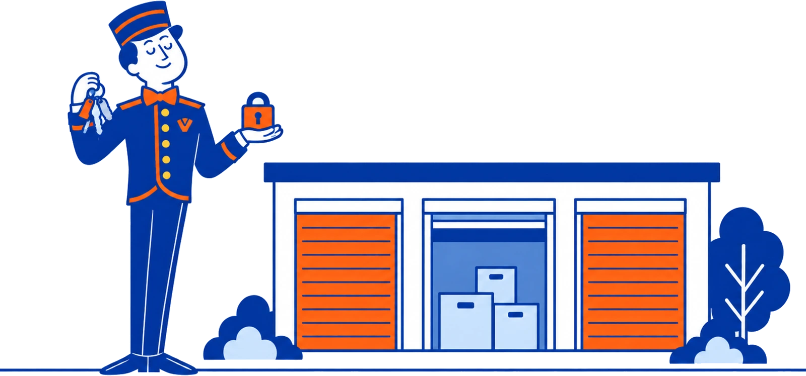 The VoiceValet valet holding keys and a padlock beside storage units